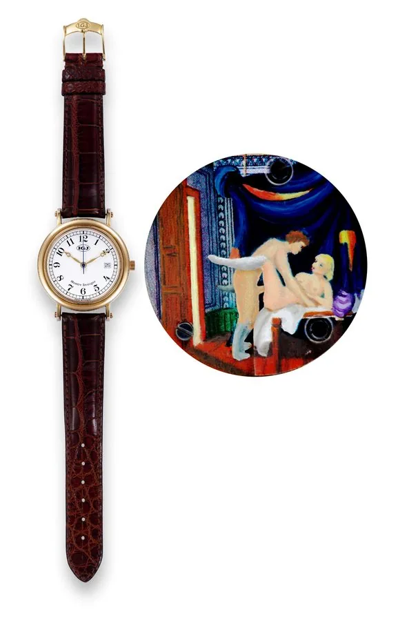 IGJ Montre Erotique IGJ, Swiss, "Montre Erotique", No. 020. Made in a limited edition of 99 pieces in the late 1990s. Unusual and thick, self-winding, 18K yellow gold wristwatch with erotic automaton, date and a 18K yellow gold IGJ buckle. Accompanied by the original box, certificate and instruction booklet.