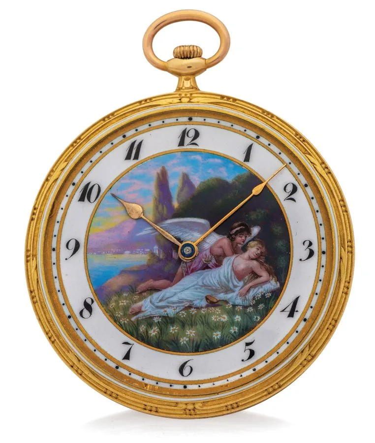 LONGINES ART NOUVEAU ENAMEL DIAL AND YELLOW GOLD Longines, Swiss, No. 2574902. Made circa 1910. Very fine and very rare open face 18K yellow gold Art Nouveau pocket watch with painted on enamel dial.