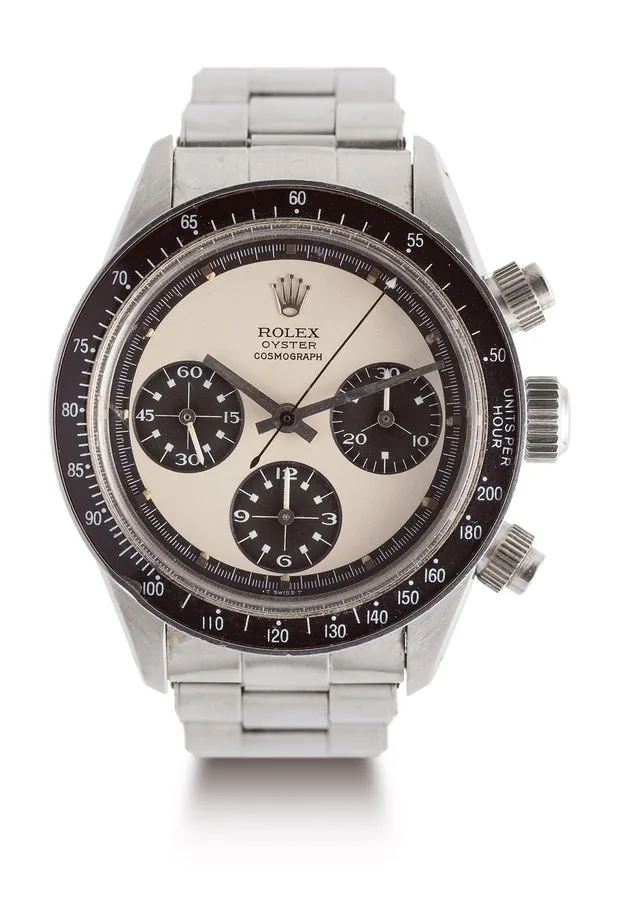 ROLEX 6263 "PAUL NEWMAN PANDA" Mark II Very rare and lightly attractive stainless steel oyster winding chronograph wristwatch with Paul Newman Panda dial. Mark II " Millerighe " pushers. Rarissime et superbe chronographe oyter Paul Newman Panda, bracelet en acier. Boîtier rond. Couronne et fond vissés. Poussoirs vissés mark II " Millerighe ". Lunette noire avec échelle tachymétrique. Cadran " Panda " avec 3 compteurs. Mouvement mécanique à roue à colonnes calibre 727.