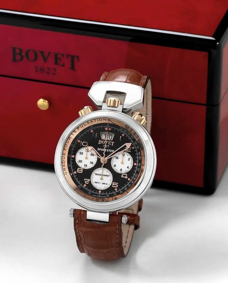 Bovet Steel & Gold Sportster Bovet Fleurier S.A., Genève, "Sportster," case No. 009195, Ref. C 806. Made in the 2000's. Fine and unusual, self-winding, water-resistant, stainless steel and pink gold wristwatch with pulsometer, tachometer, round button chronograph, registers, large date and a stainless steel Bovet buckle. Accompanied by the original fitted box.