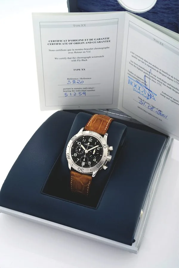 BREGUET REF. 3820, TYPE XX TRANSATLANTIC Breguet, 'Transatlantic-Type XX,' Automatic, case No. 51259, Ref. 3820. Made in the late 1990s. Fine, self-winding, water-resistant, stainless steel military type wristwatch with fly-back round button chronograph, registers, date and a Breguet stainless steel deployant clasp. Accompanied by the warranty, fitted box and instruction booklet.