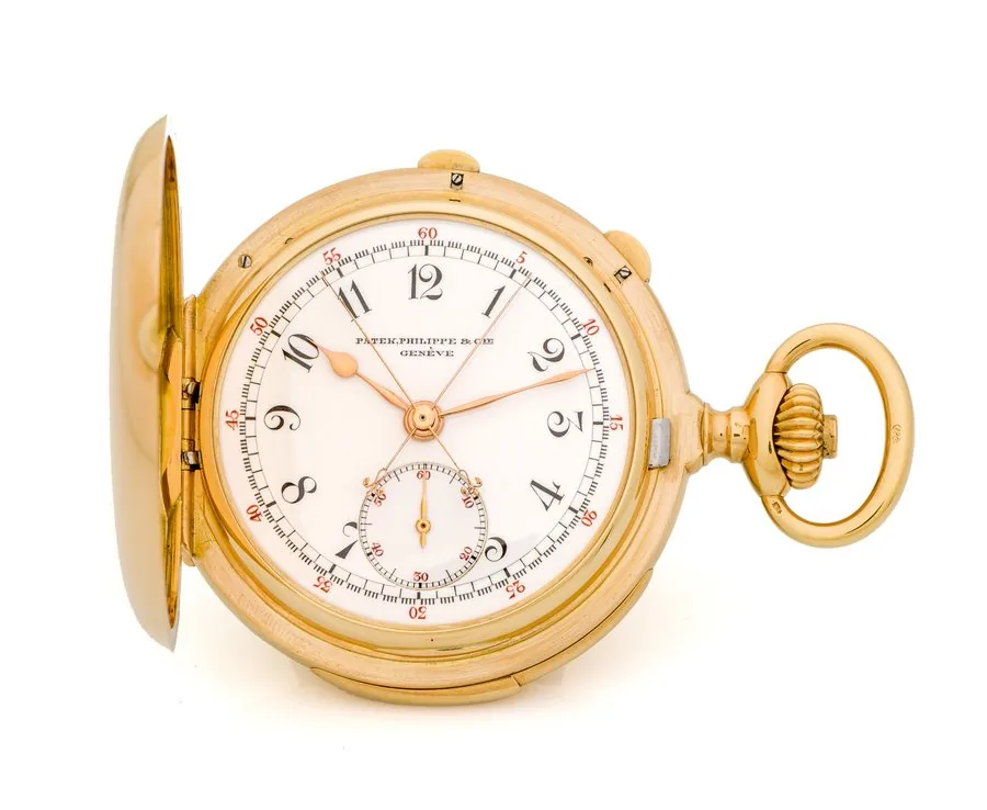 PATEK PHILIPPE, SPLIT-SECOND MINUTE REPEATER CHRONOGRAPH, YELLOW GOLD A very fine and very rare, manual winding, 18k yellow gold, hunting-cased split-second, chronograph pocket watch with minute-repeat.