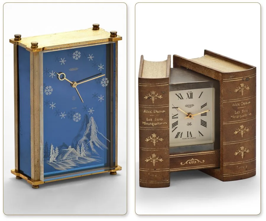 LOT OF 2 TIMEPIECES A. JAEGER MUSICAL ALARM REF. 2161 Jaeger, Recital, Ref. 2161. Made in the 1960's. An 8 day-going keyless table clock with musical alarm. B. JAEGER DUMAS MOUSQUETAIRES Jaeger, Paris, Electronic Mousquetaires, No.12 L0. Made circa 1960. Fine, rare and unusual, electric desk clock concealed in a hinged book-form case. To be sold without reserve