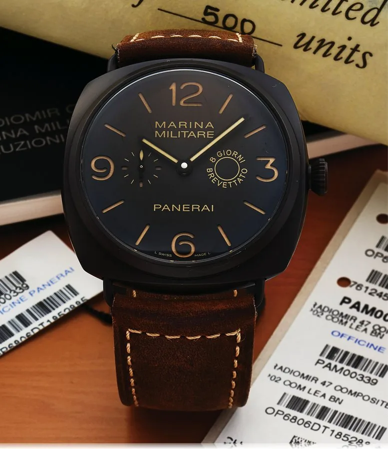 PANERAI PAM 339 REF. OP 6806 8-DAY RADIOMIR COMPOSITE Panerai , Marina Militare, Composite Radiomir 8-Day Brevettato, No. M 0757/1500, Ref. OP 6806. Made in a limited edition of 1500 pieces in 2010. Very fine, large, cushion-shaped, water-resistant, 8 day going, composite wristwatch with independently adjustable hour hand and a composite Panerai buckle. Accompanied by the original fitted box, certificate, sticker and instruction.