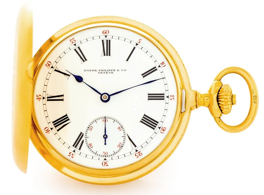 PATEK PHILIPPE HUNTING CASED WATCH WITH "EXTRA" MOVEMENT WITH GUILLAUME BALANCE EXCEPTIONAL UNUSED CONDITION YELLOW GOLD Patek Philippe & Cie, Genève, movement No. 153601, case No. 500898, retailed by Jose Munoz, Valencia. Made circa 1910. Extremely fine, rare and "as new", 18K yellow gold hunting cased keyless pocket watch with "Extra" movement with Guillaume balance.