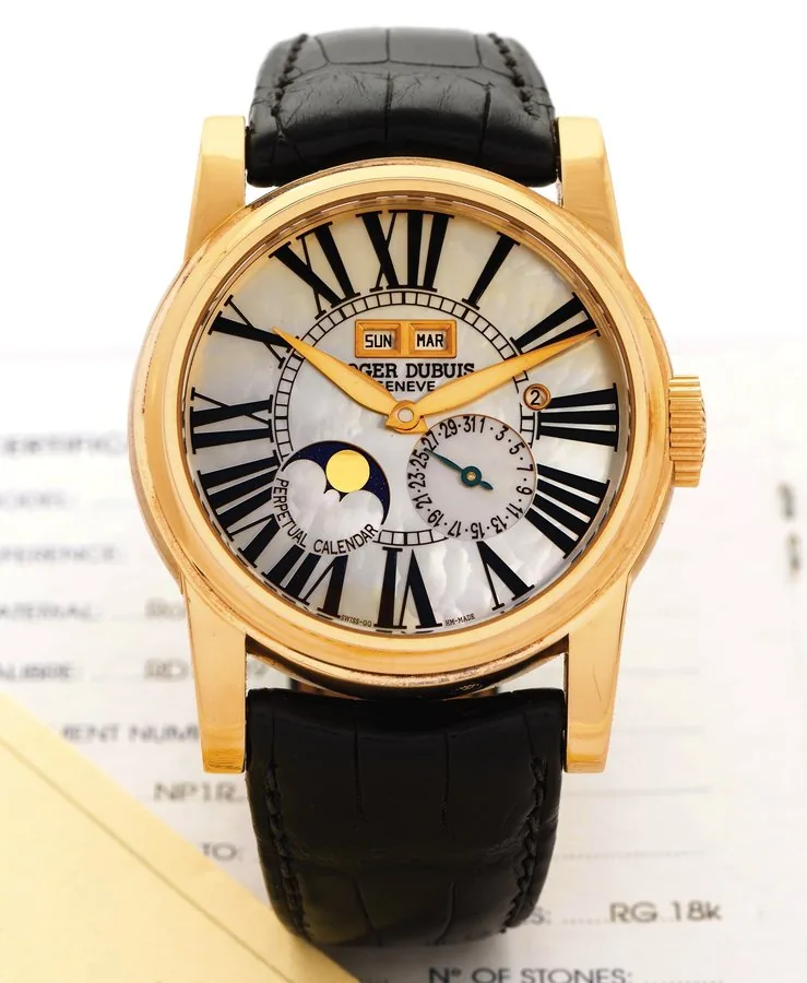 ROGER DUBUIS PERPETUAL CALENDAR MOTHER-OF-PEARL DIAL Roger Dubuis, Horloger Genèvois, "Perpetual Calendar", No. 23/28, movement No. 2424, Ref. H043 1439 5. Made in a limited edition of 28 pieces, circa 2005. V ery fine and rare, large, self-winding, water resistant 18K pink gold wristwatch with perpetual calendar, leap- year indications, moon phase. Accompanied by the certificate of origin, bulletin d'observatoire and push pin.