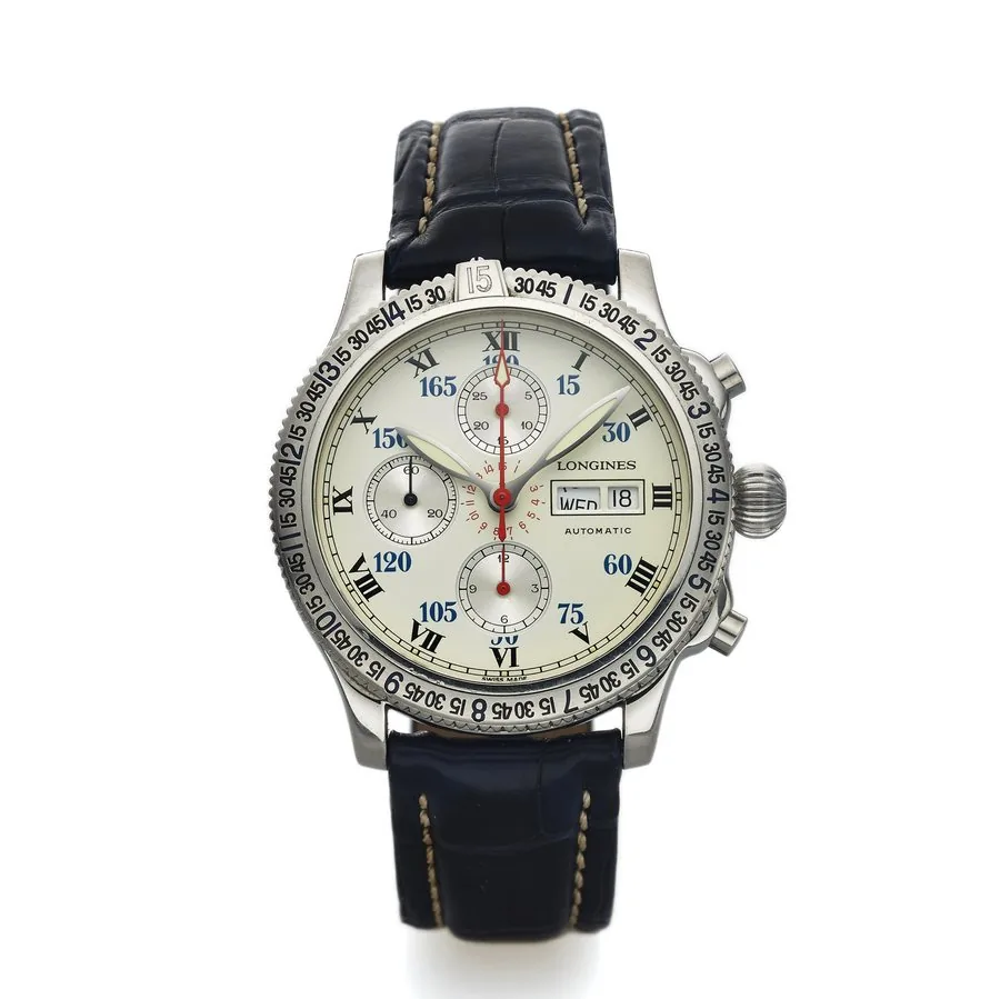 LONGINES REF. L.2.618.4 LINDBERGH SPECIAL SERIES Longines, Chronograph, "Designed by Col. Charles A. Lindbergh" case No. 28426046, Ref. L 2.618.4. Made in a special edition in the 1990s. Fine, hour angle, stainless steel aviator's wristwatch with round button chronograph, registers, day and date.
