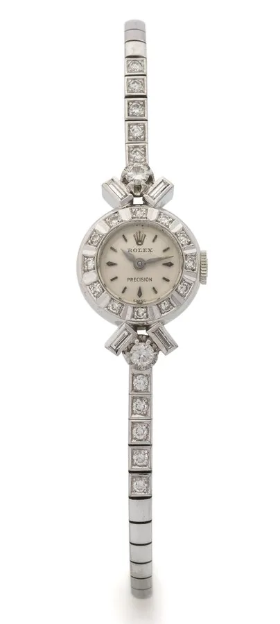 ROLEX REF. 9197 WHITE GOLD AND DIAMONDS Rolex, Geneve, Precision, case No. 620294, Ref. 9197. Made in 1960. Fine and elegant, round, 18K white gold and diamonds lady's wristwatch with an 18K white gold and diamond Rolex integrated link bracelet.