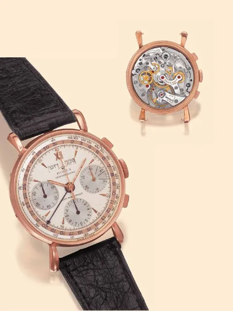 Rolex Chronographe "Anti-Magnetique", Ref. 4768. Produc-tion of this reference started in the 1940s. Very fine and rare, 18K pink gold gen-tleman's wristwatch with square button chronograph, registers, tachometer and triple date. Accompanied by a pink gold-plated Rolex buckle.