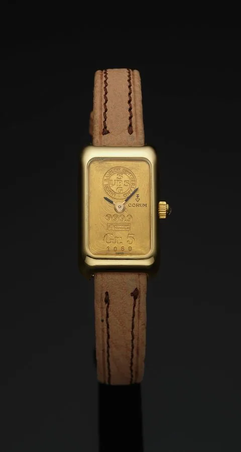 CORUM GR.5 GOLD INGOT WATCH Corum, Ingot Watch, No. 1060, Ref. 14300, case No. 343855. Made circa 1980. Fine, rectangular 18K yellow gold and diamond wristwatch made of a 5 gram 999.9 gold ingot. To be sold without reserve