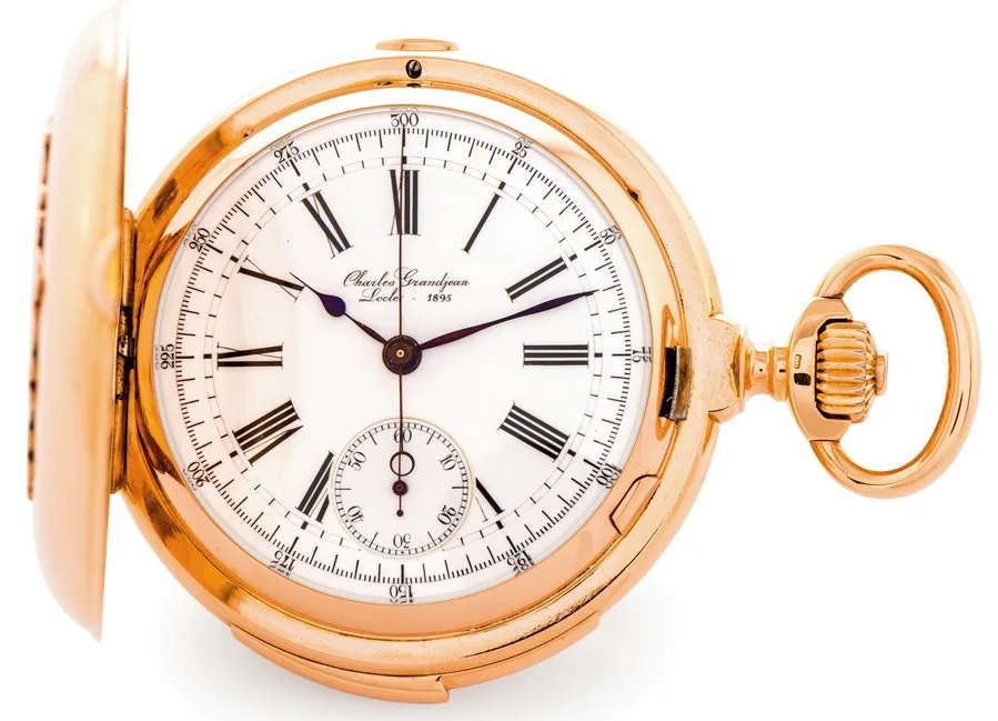 GRANDJEAN MINUTE REPEATER & CHRONOGRAPH PINK GOLD Charles Grandjean, Locle, 1895, case No. 1895. Made circa 1895. Very fine, minute-repeating, hunting-cased, keyless 18K pink pocket gold watch with chronograph.