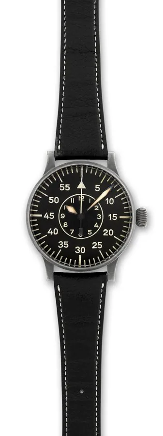 Laco ' World War II German Air Force (Luftwaffe) Laco - Durowe, Recognizance Watch (Beobachtungsuhr), instrument No. 127-560 B-1, movement (Werk) No. 5046, request (Anforderungs) No. FI.23883. Made by Lacher & Co., Pforzheim, Montage by Wempe, in the early 1940s. Fine and rare, large, matte nickel-plated bronze military aviator's recognizance wristwatch with indirect center seconds and Guillaume balance.