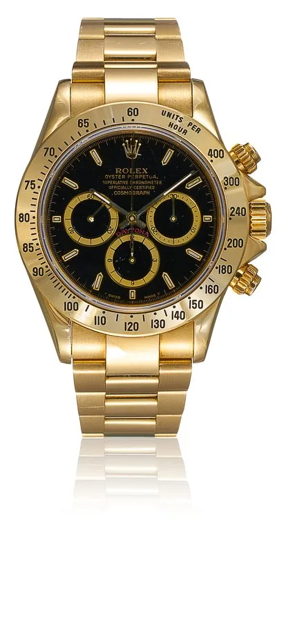 Rolex - Ref. 16528, self-winding, chronograph, minute and hour recorders, black colour dial; “Cosmograph” “Daytona”, so-called “Zenith movement”; 18K yellow gold