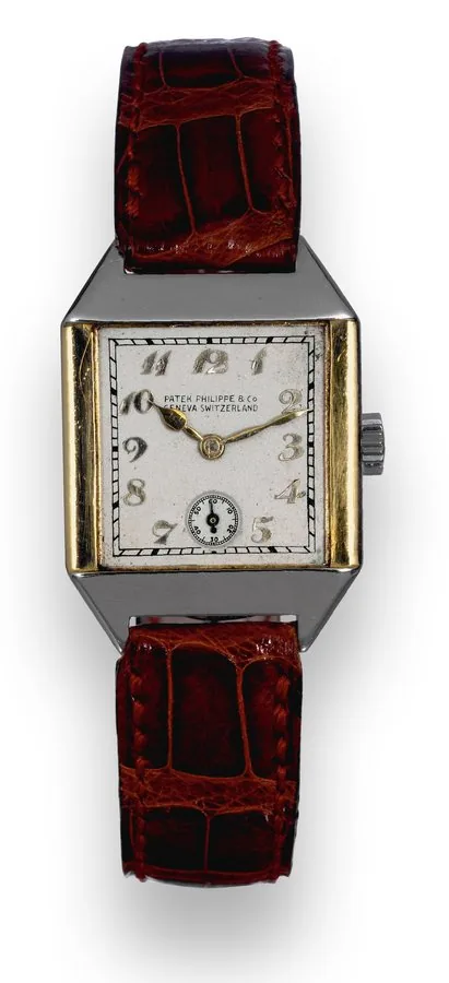 Two-Tone Case Patek Philippe & Co., Geneva, Switzerland, movement No. 818123, case No. 607137. Made in 1928, sold on September 9th, 1929. Very fine and very rare, rectangular, wristwatch with an 18K white and yellow gold case. Accompanied by the Extract from the Archives.
