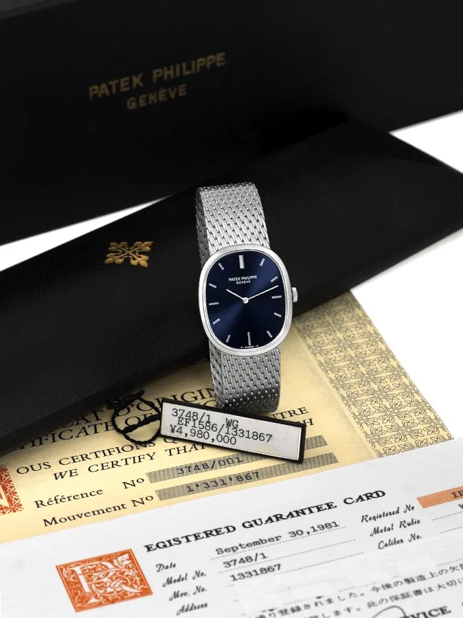 PATEK PHILIPPE REF. 3748 WHITE GOLD Patek Philippe, Genève, "Ellipse", movement No. 1331867, Ref. 3748/001. Made in the 1970s. Fine and elegant, oval, 18K white gold wristwatch with an integral 18K white gold Patek Philippe woven bracelet. Accompanied by fitted Patek Philippe box, Certificate of Origin, booklet and hang tag. To be sold without reserve