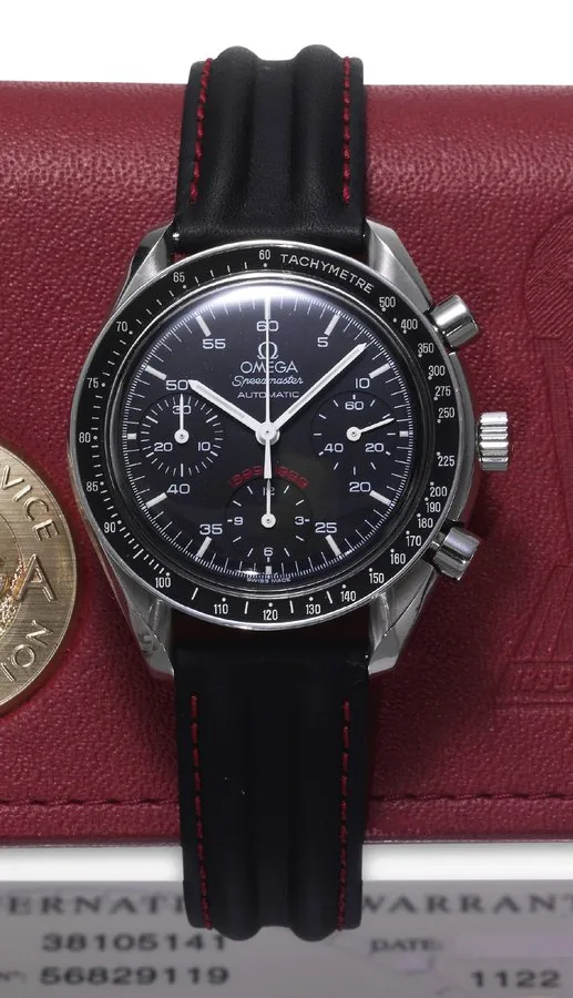 AC Milan Omega, 'Speedmaster, Automatic', No. 1682/ 1999, movement No. 56829119, Ref. SU 175.0039. Made in a limited edition of 1999 examples in 1999 to commemorate the 100th anniversary of the AC Milan. Fine, asymmetric, self-winding, water-resistant, stainless steel wristwatch with round button chronograph, 12-hour and 30-minute registers, black bezel with tachometer graduation and a stainless steel Omega buckle. Accompanied by a fitted box, international warranty, certificate of authenticity