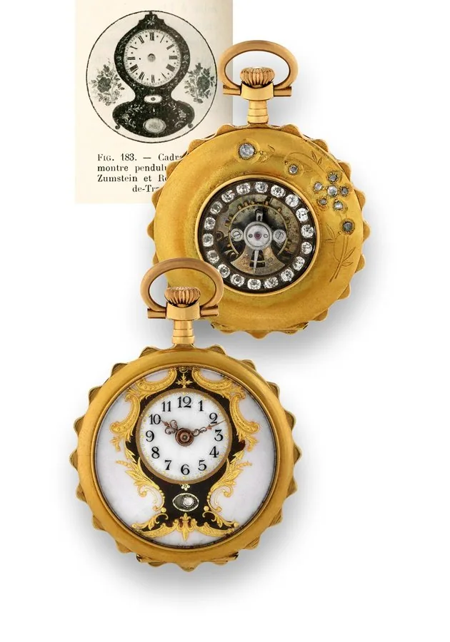 LE PETITE PENDULE Attributed to W. Zumstein à Couvet or Ch. Rengger à Fleurier, Swiss, No. 357. Made for the Chinese market, circa 1905. Fine and unusual, 18K gold, rose diamond and paste-set, lady's keyless pendant watch with mock pendulum and visible central balance