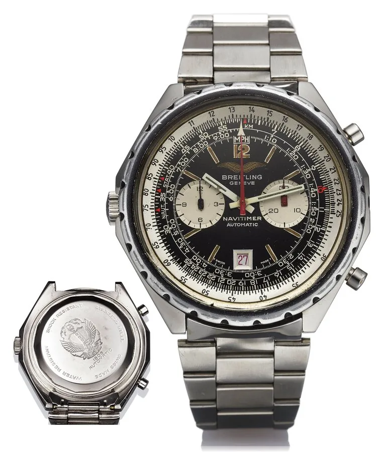 BREITLING REF. 1806 LEFT-HANDED NAVITIMER IRAQI EAGLE Breitling, Genève, Navitimer Chrono-Matic, Ref. 1806. Made in the 1970s. Fine, large, octagonal, left-handed, self-winding, water- resistant, stainless steel wristwatch with round button chronograph, registers, telemeter, slide-rule, date, winding- crown at 9, chronograph pushers at 2 and 4 and a stainless steel Breitling link bracelet with deployant clasp.