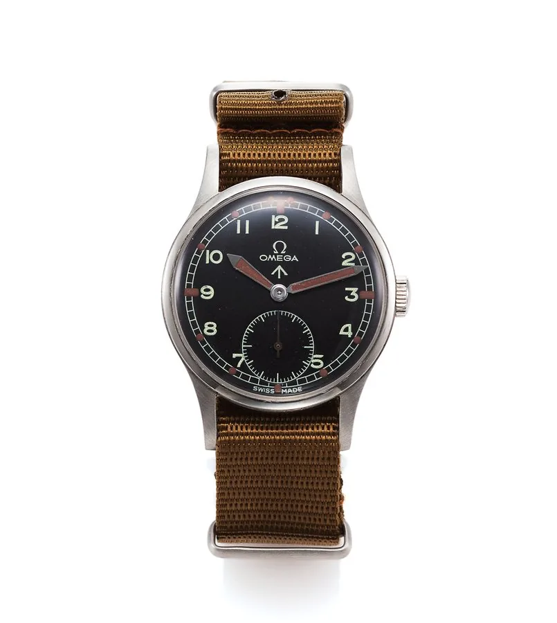 OMEGA WWW BRITISH MILITARY STEEL Omega, movement No. 10204243, case No. 10669168. Made for the British Military circa 1944. Fine and rare, water-resistant, stainless steel aviator's wristwatch.