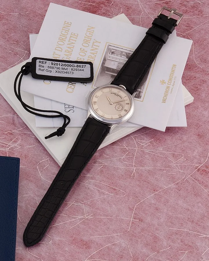 VACHERON CONSTANTIN TOP WIND WHITE GOLD Vacheron Constantin, Genève, No. 829344, case No. 688796, Ref. 92012. Produced in the 1990's. Fine and unusual, 18K white gold top-winding wristwatch with an 18K white gold Vacheron Constantin buckle. Accompanied by a fitted box, certificate, and instruction booklet.