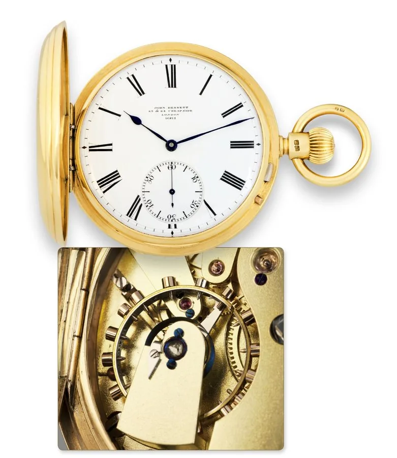 John Bennett - Gold Hunting Cased Spring Detent Chronometer John Bennett, "Maker to the Royal Observatory", 65 & 64 Cheapside, London, No. 16812. The case with London hallmarks for 1912-13. Very fine and rare, large and heavy, 18K gold, hunting-cased, keyless, pocket chronometer with Earnshaw's footed spring detent escapement and free-sprung helical balance spring. Accompanied by the original John Bennett box.