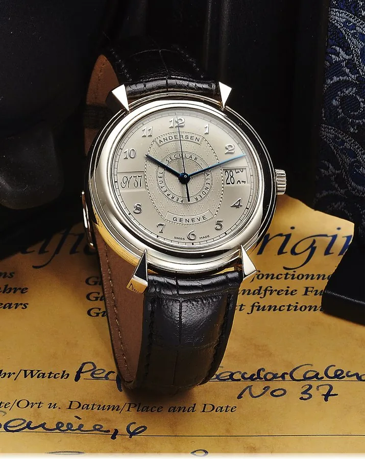 SVEND ANDERSEN SECULAR PERPETUAL CALENDAR WHITE GOLD Svend Andersen, Geneve, No. 37. Made circa 2006. Very fine and rare, self-winding, 18k white gold wristwatch with perpetual secular calendar and an 18k white gold Andersen buckle. Accompanied by the original Scatola Del Tempo for Andersen winding box, Certificate of Origin and instructions.