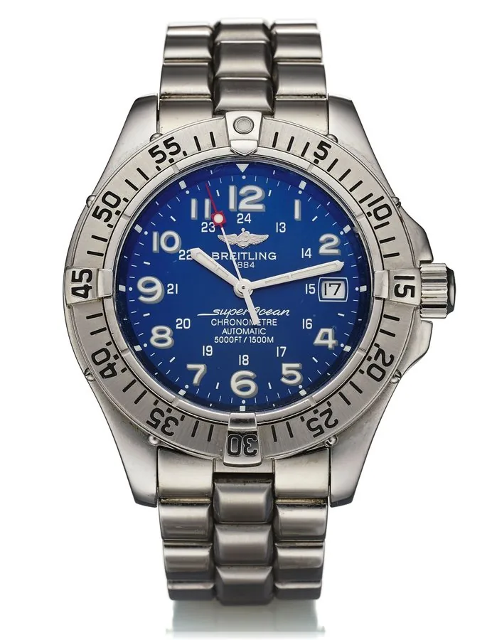 BREITLING REF. A17360 SUPEROCEAN STEEL Breitling, "SuperOcean," Chronometer, Automatic, 5000 ft./1500m, case No. 859009, Ref. A17360. Made circa 2005. Fine, large, center seconds, self-winding, water resistant to 5000 ft., stainless steel diver's Chronometer wristwatch with gas escape valve, date and a stainless steel Breitling link bracelet with deployant clasp.