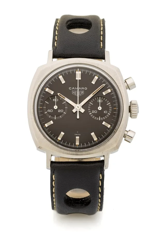 HEUER REF. 7743 CAMARO GREY TROPICAL DIAL STEEL Fine, water-resistant, cushion-shaped, manual winding stainless steel wristwatch with round button chronograph and register.