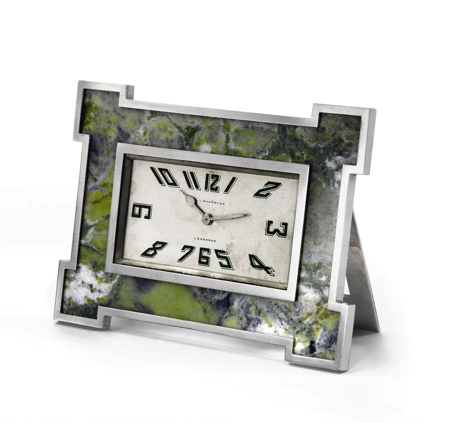 Art Deco Desk Clock A L'Emeraude, Lausanne. Made circa 1930. Fine, Art Deco, chromed and granite 8-day going desk clock. To be sold without reserve