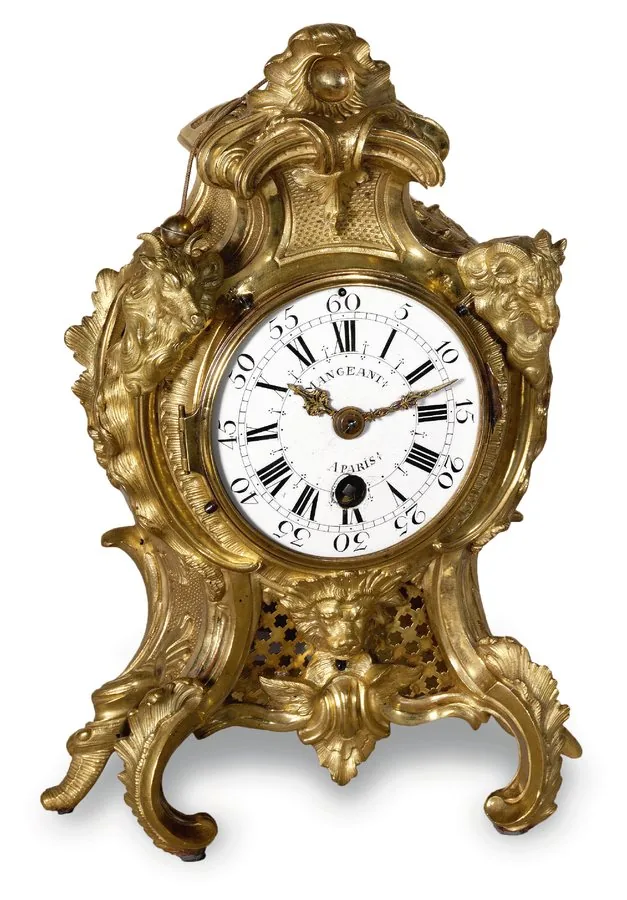 Rococo Boudoir Clock Mangeant a Paris. The case stamped with the C couronné poinçon in use between 1745 and 1749. Very fine and rare, Louis XV, rococo gilt bronze boudoir clock with pull quarter repeat.