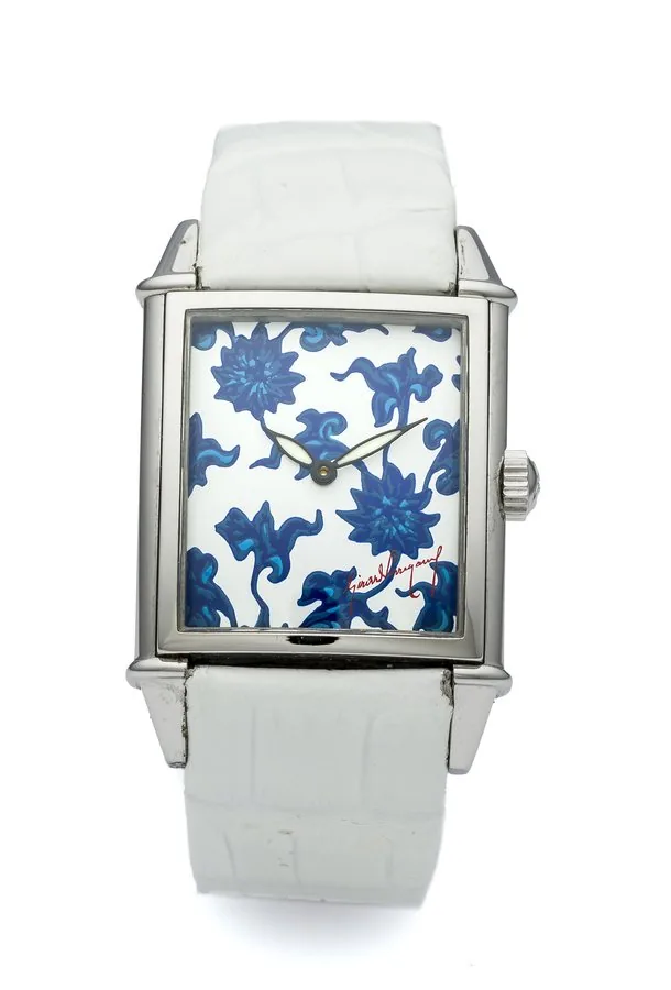 GIRARD-PERREGAUX LADY'S REF. 25932 STEEL LIMITED EDITION N.28/50 Fine and rare, self-winding, stainless steel lady's wristwatch with blue flower paintings on the dial.
