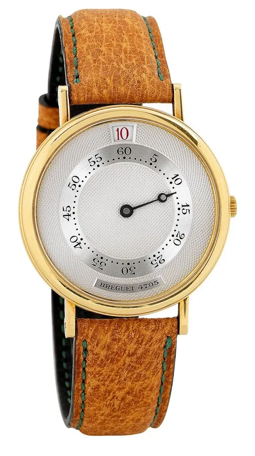 Breguet, "Souscription,"No. 30/50, Ref. 4705. Produced in1989 in a limited edition of 50 pieces. Very fine and rare, jump-hour, self-winding, 18K yellow gold wristwatch. Accompanied by the original certificate and instruction manual.