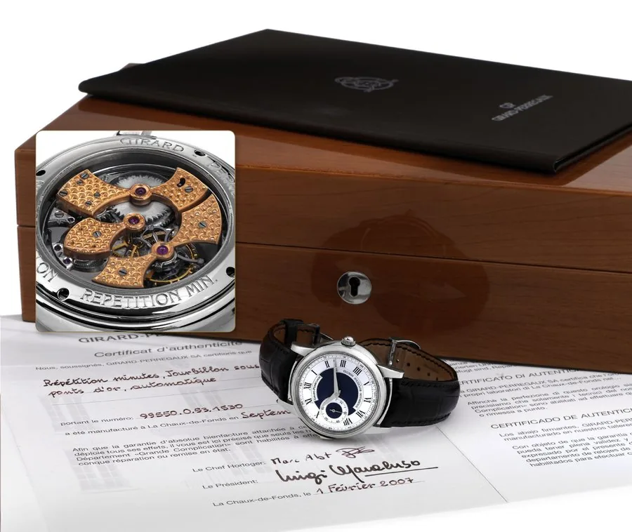 GIRARD-PERREGAUX TOURBILLON MINUTE REPEATER NO. 3, WHITE GOLD Girard-Perregaux, "Grande Complication,' No. 3, Ref. 99550.0.53.1530. Made in 2005. Extremely fine and rare , minute-repeating 18K white gold wristwatch with one-minute tourbillon regulator under three gold bridges, and an 18K white gold Girard-Perregaux deployant clasp. Accompanied by the original fitted wooden box and Certificate of Authenticity.