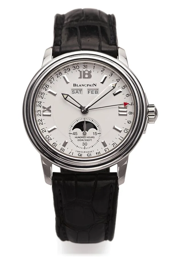 BLANCPAIN 2100 CALENDAR MOON PHASES STEEL Blancpain, "2100", "Calendar - Moon Phase", No. 3002. Made circa 2002. Fine, self-winding, water-resistant, stainless steel wristwatch with triple date and moon phases, 100-hour power reserve and a stainless steel Blancpain deployant clasp. Accompanied by a fitted box, guarantee(blank) and instruction booklet.