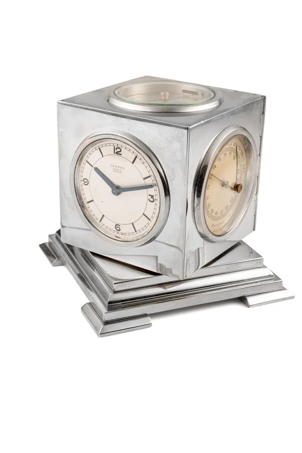 HERMES, MULTI-FUNCTION REVOLVING DESK CLOCK, CHROME STEEL