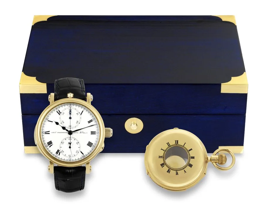 Chas. Frodsham, Minute-Repeater & Chronograph Chas. Frodsham, 27, South Molton St., London, No. 09952 AD.Fmsz, the movement attributed to Nicole Nielsen. The pocket watch case with London hallmarks for 1924-25, the wristwatch case made in the 1990s. Fine, large, minute-repeating, 18K yellow gold and platinum wristwatch with custom-made case, chronograph, progressive 60-minute register and 18K yellow gold buckle. Accompanied by the original 18K Harrison Mills Frodsham half-hunting pocket watch ca