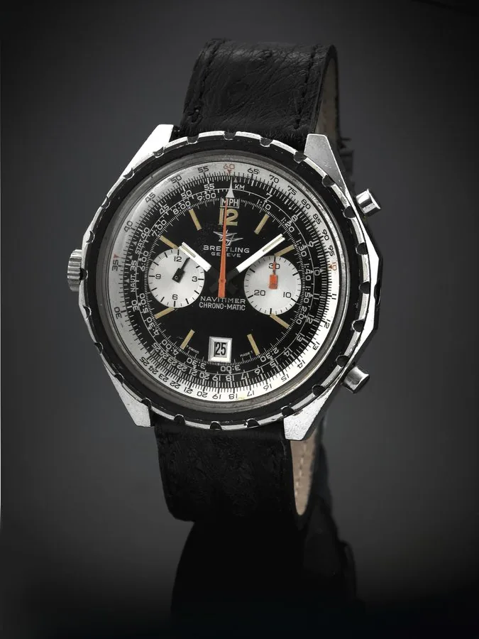 BREITLING REF. 1806 LEFT-HANDED NAVITIMER Breitling, Genève, Navitimer Chrono-Matic, case No. 1254022, Ref. 1806. Made in the 1970s. Fine, large, octagonal, left-handed, self-winding, waterresistant, stainless steel wristwatch with round button chronograph, registers, telemeter, slide-rule, date, windingcrown at 9 and the chronograph pushers at 2 and 4.