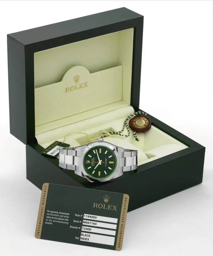 Rolex Ref. 116400V Green Milgauss Rolex, Oyster Perpetual Milgauss, Superlative Chronometer Officially Certified, Ref. 116400V. Made in 2007. Very fine, center seconds, self-winding, water-resistant, stainless steel wristwatch, anti-magnetic shield to 1000 Gauss with a green sapphire crystal and a stainless steel Rolex Oyster bracelet. Accompanied by a fitted box, guarantee (now void) and booklets.