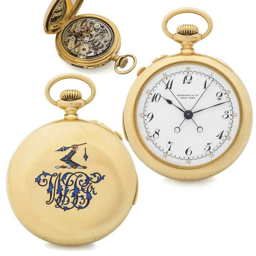 PATEK PHILIPPE SPLIT SECOND CHRONOGRAPH 5 MINUTE-REPEATER FOR TIFFANY YELLOW GOLD Patek Philippe & Co., Genève, for Tiffany & Co., New York, No. 97034. Made in 1893. Very fine and extremely rare, 18K yellow gold, keyless, 5-minute-repeating pocket watch with split-seconds chronograph. Accompanied by a copy of the Patek Philippe registers confirming its sale to Tiffany in 1893 for CHF 1246.49.