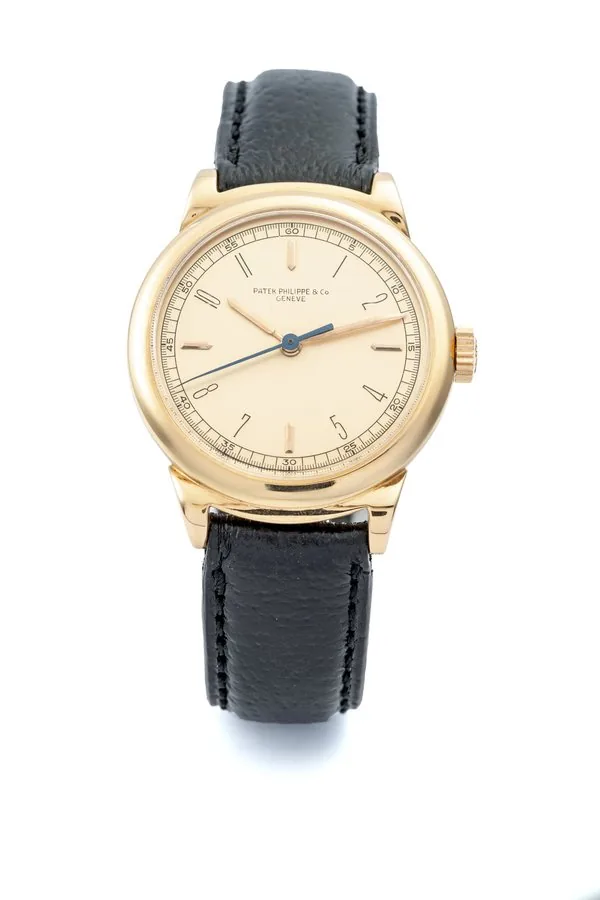 PATEK PHILIPPE REF 1510, MANUAL-WINDING WRISTWATCH WITH CENTRE-SECONDS AND CURLY HOODED LUGS; 18K PINK GOLD