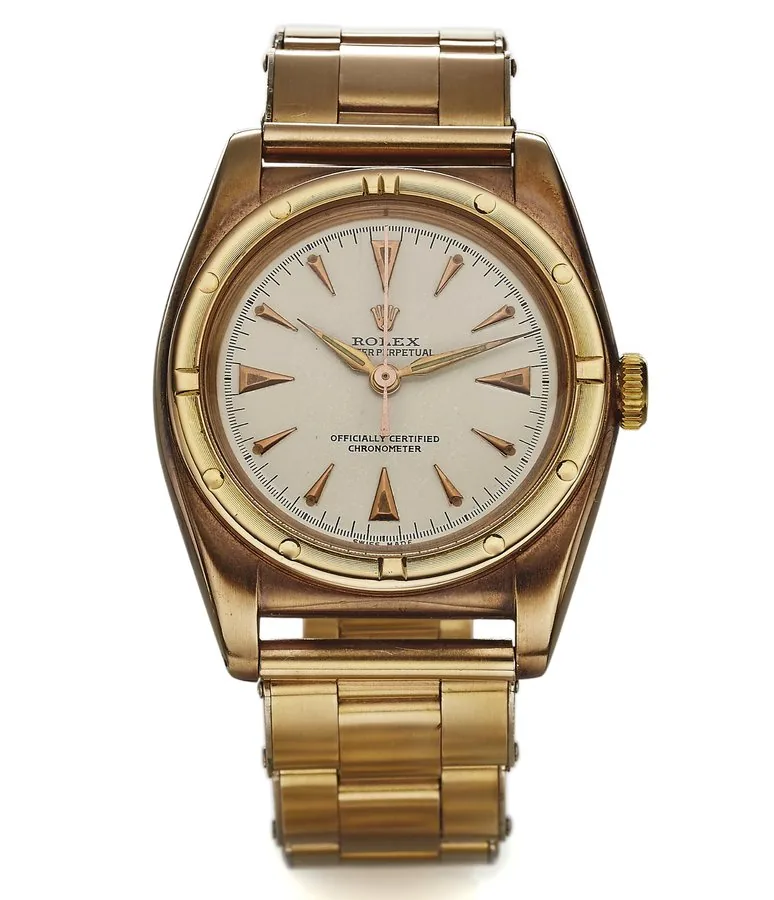 ROLEX REF. 3725 BUBBLE BACK GOLD AND STEEL Rolex, "Oyster Perpetual Chronometer", Ref. 3725. Produced in the 1940's. Fine, center-seconds, self-winding, water-resistant, gold and stainless steel wristwatch with gold plated Rolex bracelet.