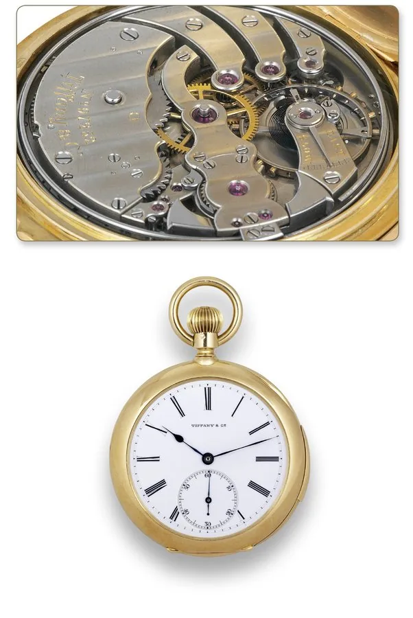 Patek Philippe Minute-Repeater For Tiffany Patek, Philippe, Genève, movement No. 97252, case No. 224450. Made for Tiffany & Co. in 1893, sold on August 31, 1900. Very fine, minute-repeating, 18K yellow gold, keyless pocket watch. Accompanied by a copy of the extract from the Archives.
