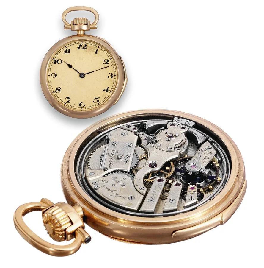 Five-Minute Repeater Jules Jürgensen, Copenhagen No. 12569, Swiss. Made circa 1915. Fine and rare, five-minute repeating, 14K gold, keyless pocket watch with Jurgensen's patented bow hand-setting mechanism and Breguet numerals.
