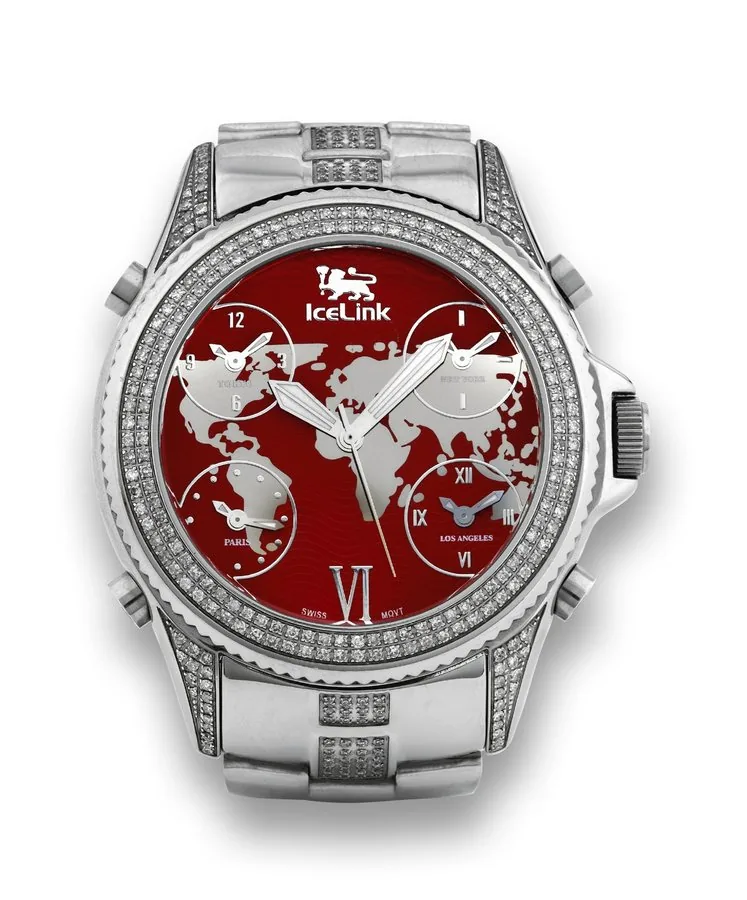 ICELINK STEEL & DIAMOND MARCO POLO IceLink, Swiss, "Marco Polo" No. 1298. Made in the 2000's. Fine and unusual, oversized, water-resistant, center seconds, five time zone, stainless steel & diamond quartz wristwatch on stainless steel bracelet with concealed double deployant clasp. Accompanied by a booklet. To be sold without reserve