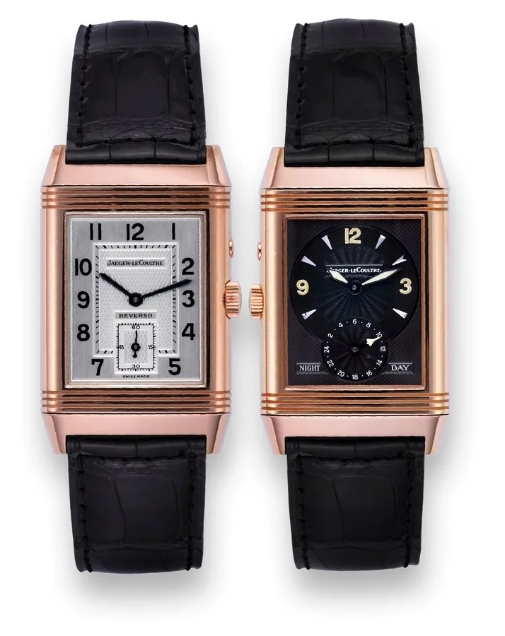 Jaeger-Lecoultre Pink Gold Reverso Night-Day Jaeger-LeCoultre, "Reverso - Duo Face Night-Day", case No. 1833768, Ref. 270.2.54. Made circa 2000. Very fine, rectangular, 2 individually adjustable time zones, double-dial, 18K pink gold reversible wristwatch with an 18K pink gold Jaeger-LeCoultre deployant clasp. To be sold without reserve