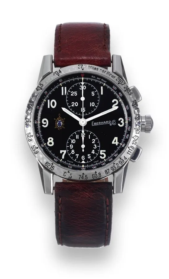 Tazio Nuvolari, First Generation Eberhard & Co., "Tazio Nuvolari, Chronograph' case No. 0455, Ref. 31030. Made in the 1990's. Fine, self-winding, water-resistant, stainless steel wristwatch with square button chronograph, registers, tachometer and a stainless steel Eberhard & Co. buckle. Accompanied by a fitted box and certificate. To be sold without reserve