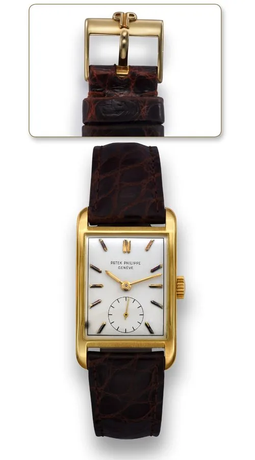 PATEK PHILIPPE REF. 2434 YELLOW GOLD Patek Philippe & Cie, Geneve, No. 976329, case No. 682549, Ref. 2434. Made circa 1954. Fine and rare rectangular 18k yellow gold wristwatch with 18k yellow gold Patek Philippe buckle.