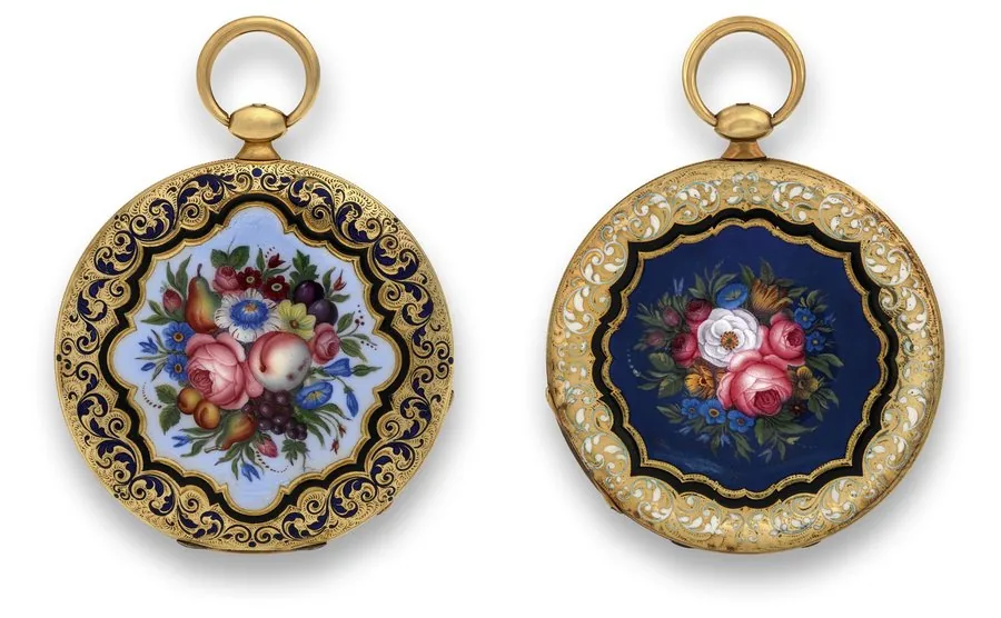 FLOWER AND FRUIT BOUQUET, BAGNOLET CALIBRE Swiss. Made circa 1840. Fine and rare, thin, 18K gold and painted on enamel hunting cased pocket watch. To be sold without reserve