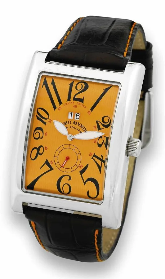 Ritmo Mundo, 'Idea Italiana, Italian Design.' Made in Italy in the 2000s. Fine, large, rectangular curved, water-resistant, stainless steel quartz wristwatch with date and a stainless steel Ritmo Mundo buckle. Accompanied by the original fitted box and warranty card. To be sold without reserve