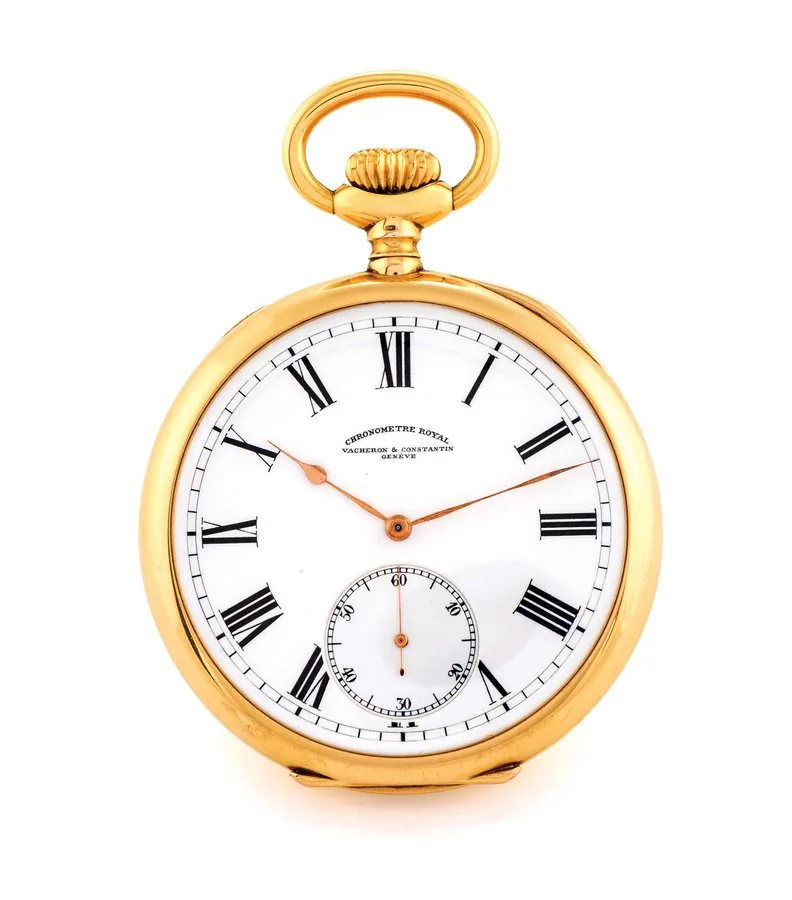 VACHERON & CONSTANTIN CHRONOMETRE ROYAL YELLOW GOLD Vacheron & Constantin, Genève, Chronomètre Royal, movement No. 344738, case No. 210635. Made circa 1912. Very fine and rare, large-size, keyless, 18K yellow gold pocket lever chronometer.